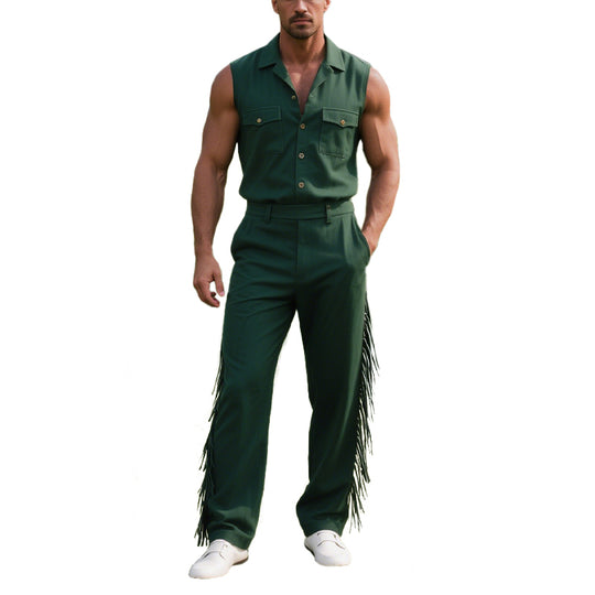 Men's Sleeveless Button Up Vest And Side Fringed Pants Two-Piece Set 250500175