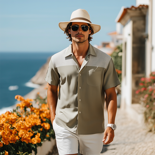 Men's Spring And Summer Fashion Casual Lyocell Tweed Short Sleeve Shirt DTT25062303