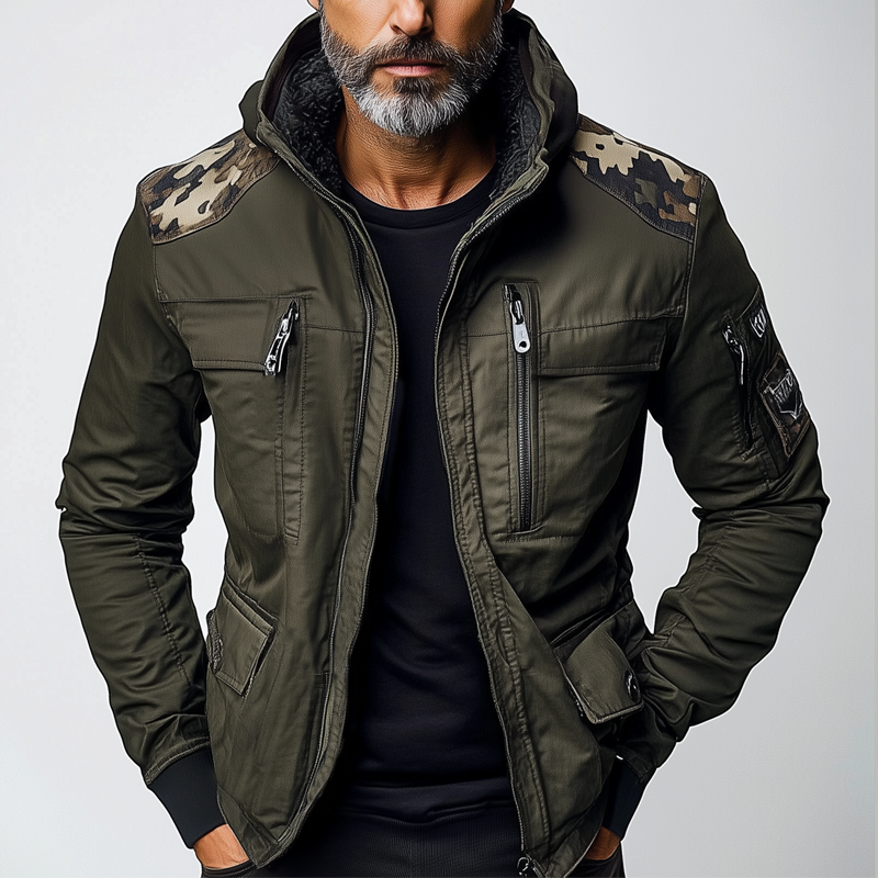 Men's Camouflage Contrast Multi-pocket Hooded Jacket DTT25080413