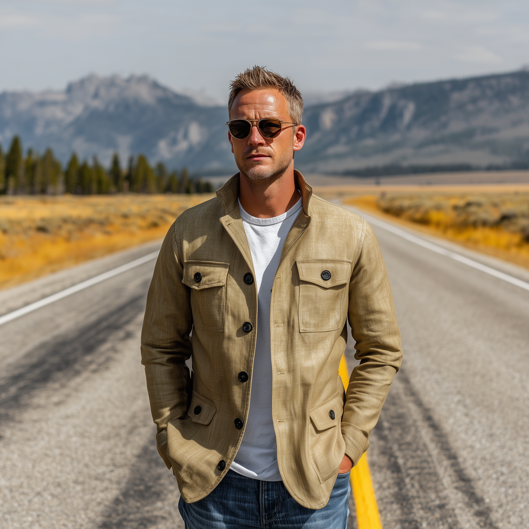 Men's Classic Casual Stand-up Collar Multi-pocket Cotton And Linen Blend Thin Jacket DTT25080419