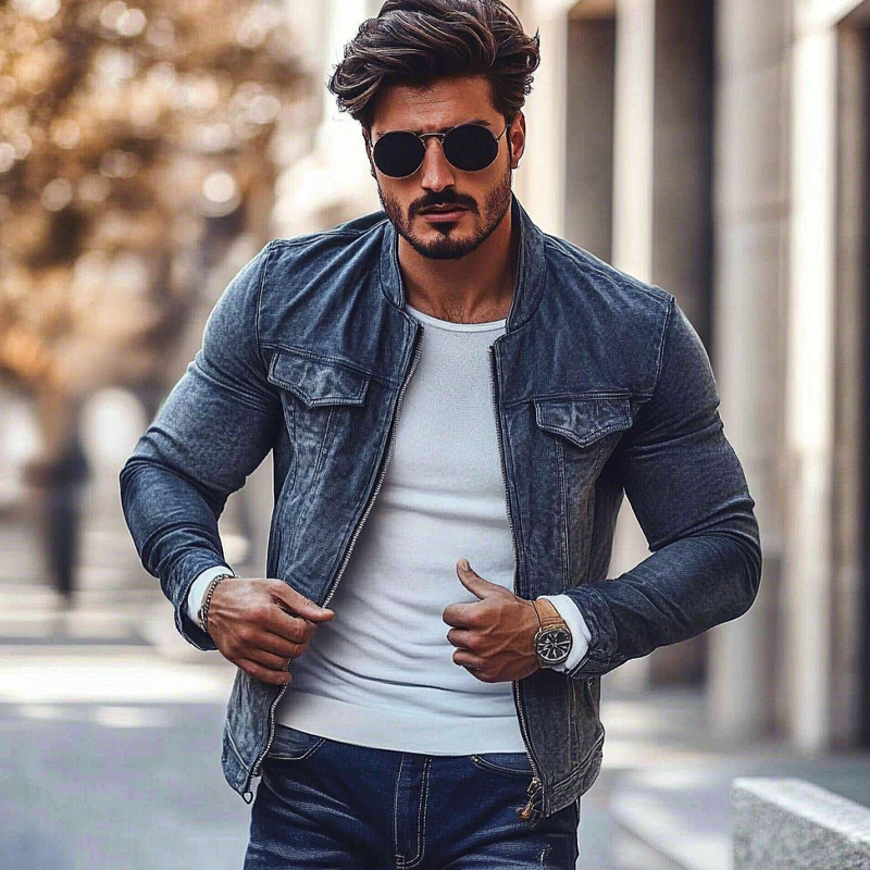Men's Stylish Motorcycle Washed Stand Collar Zipper Denim Jacket DTT25080109