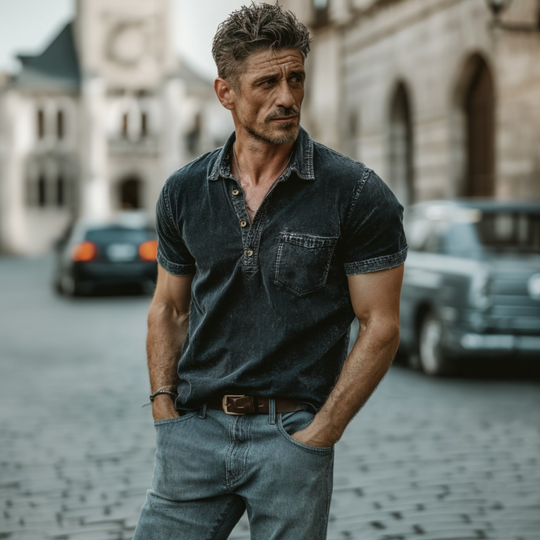 Men's Casual Outdoor Denim Washed Distressed Lapel Patch Pocket Slim Fit Short-sleeved Polo Shirt DTT25062320
