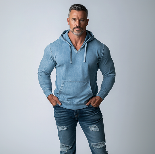 Men's Denim Kangaroo Pocket Long Sleeve Drawstring Hoodie 9899606835384
