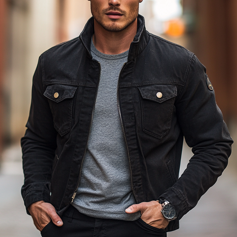 Men's Black Cotton Solid Stand Collar Jacket DTT25082513