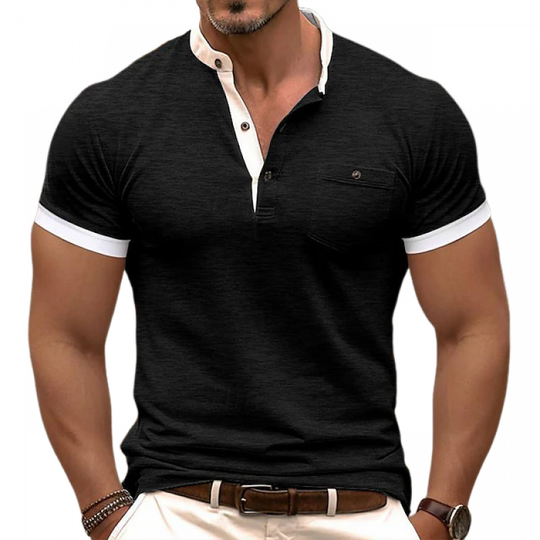 Men's Casual Colorblock Cotton Henley Collar Patch Pocket Slim Fit Short Sleeve T-Shirt DTT25063003