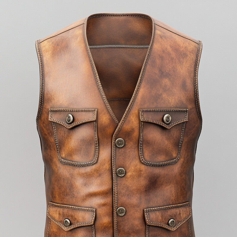 Men's Retro V Neck Button Multiple Pockets PU Leather Vest 9913235374264