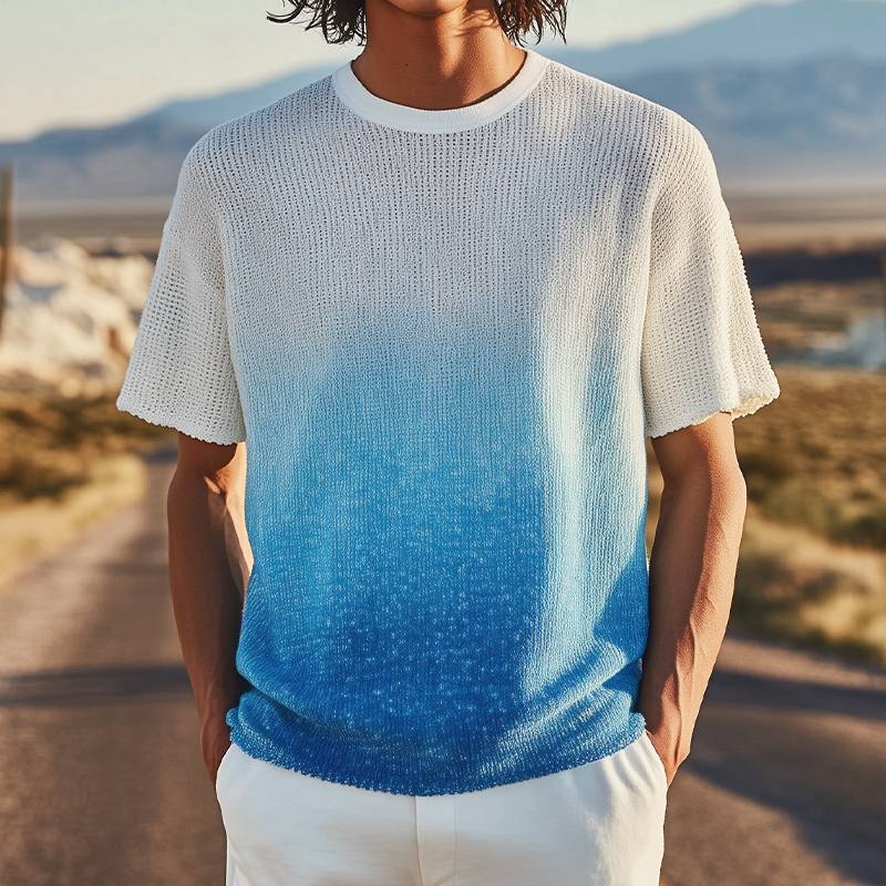 Men's Spring And Summer Fashion Casual Knitted Gradient Hanging Dye Round Neck Short-sleeved T-shirt DTT25070120
