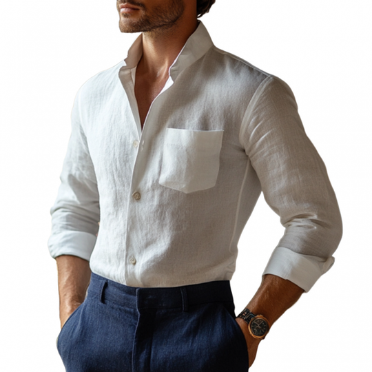 Men's Elegant Stand Collar Breathable Cotton Patch Pocket Slim Fit Long Sleeve Shirt DTT25060515