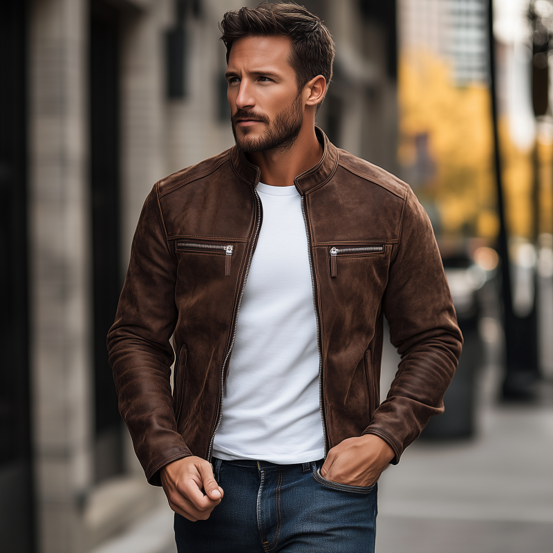 Men's Vintage Matte Faux Leather Stand Collar Zipper Placket Zipper Pocket Slim Fit Jacket DTT25081203