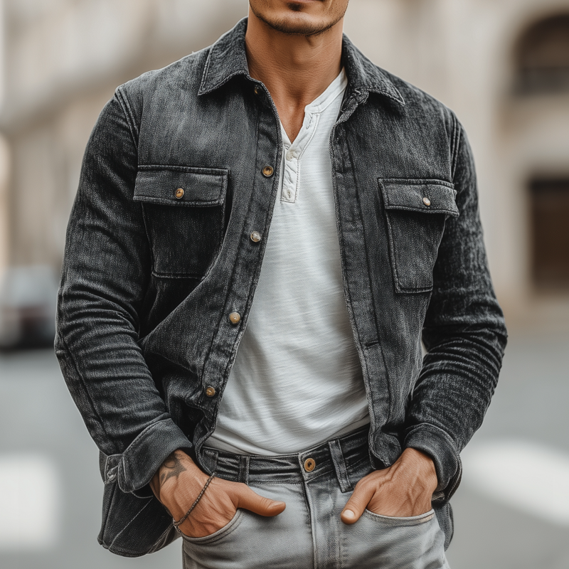 Men's Casual Chenille Fabric Lapel Flap Pocket Single Breasted Loose Long Sleeve Shirt Jacket DTT25080405