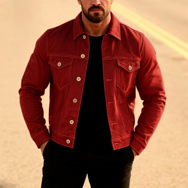 Men's Classic Solid Color Lapel Single Breasted Cargo Denim Jacket 9261078610104