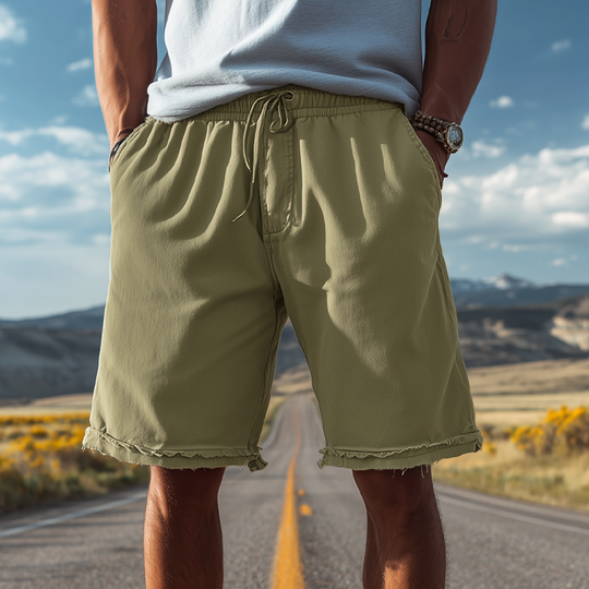 Men's Classic Casual Cotton Blend Washed Trousers With Raw Edges And Elastic Waist Shorts DTT25072812