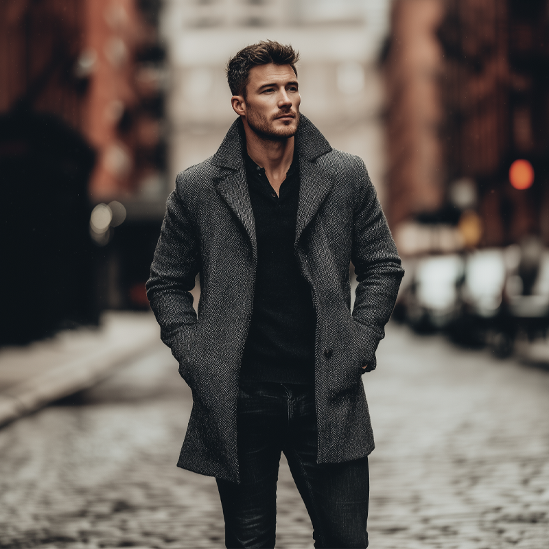 Men's Vintage Herringbone Lapel Mid-Length Coat DTT25081214