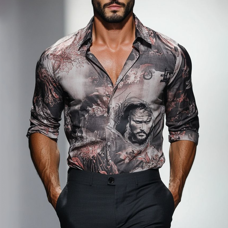 Men's Print Lapel Long Sleeve Shirt DTT25062022