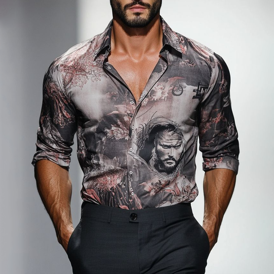 Men's Print Lapel Long Sleeve Shirt DTT25062022