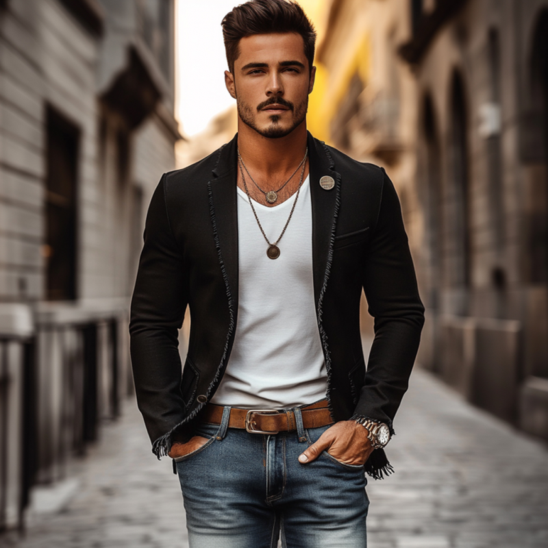 Men's Casual Linen Notch Lapel Single-breasted Patch Pocket Tassel Trim Slim-fit Blazer DDT25052924