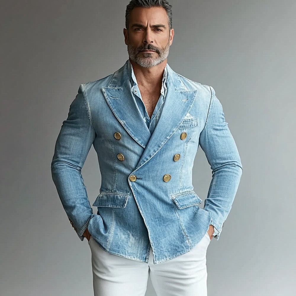 Men's Peak Lapel Double Breasted Long Sleeve Washed Denim Blazer 9899607720120