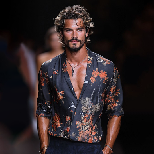 Men's Floral Print Lapel Long Sleeve Shirt DTT25062021