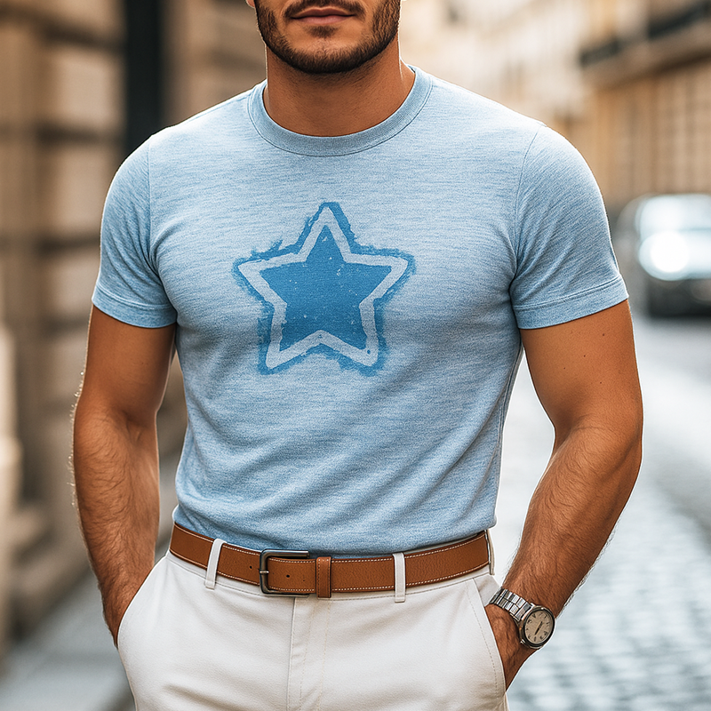 Men's Star Print Round Neck Short Sleeve T-shirt DTT25070415