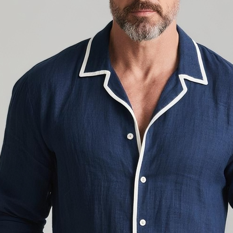 Men's White Trim Lapel Long Sleeve Cotton And Linen Shirt DTT25072911