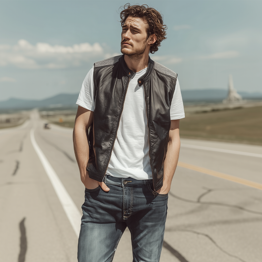 Men's Spring And Summer Fashion Casual Shoulder Splicing Mesh Fabric Stand Collar Zipper Leather Vest DTT25071115