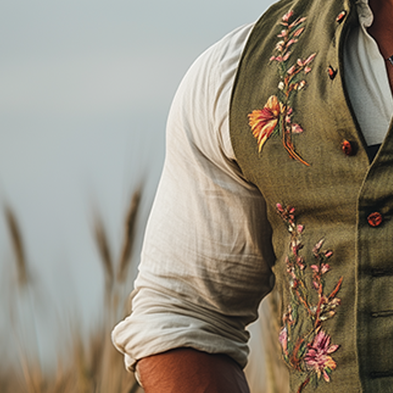 Men's Summer Fashion Embroidered Slub Linen Sleeveless Vest DTT25070111