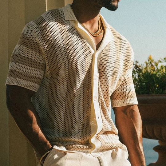 Men's Spring And Summer Fashion Casual Hollow Striped Knitted Short-sleeved Shirt DTT25070803