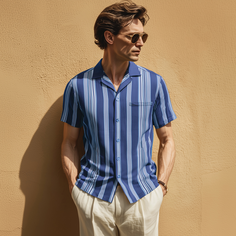 Men's Fashion Breathable Stripe Print Lapel Slim Fit Short Sleeve Shirt DTT25070918