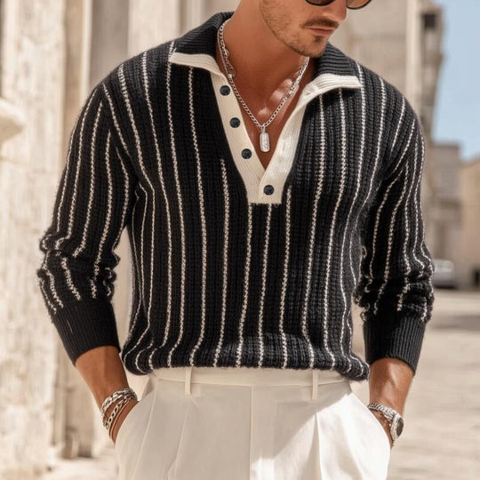 Men's Fashion Contrast Striped Breathable Knit Polo Neck Loose Pullover Sweater DTT25082907