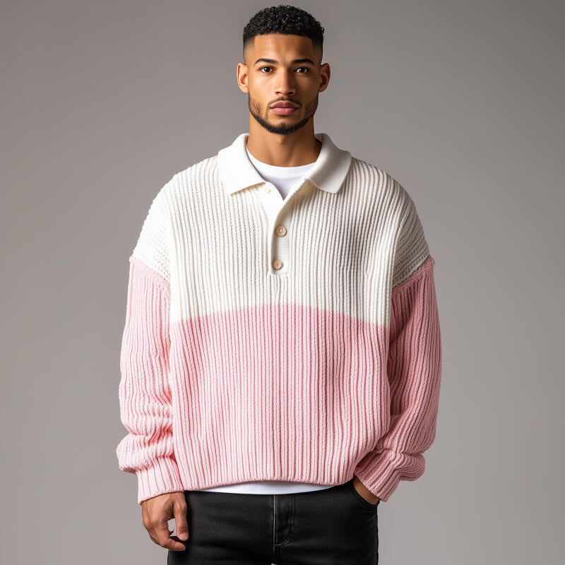 Men's Casual Contrast Color Polo Collar Loose Knit Long Sleeve Pullover Sweater DTT25082801