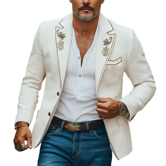 Men's Classic Retro Collar Lock Edge Embroidery Event Party Cotton And Linen Slim Single Breasted Blazer DTT25061019
