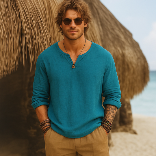 Men's Casual Solid Color Breathable Cotton Bubble Wrinkled V-neck Loose Long-sleeved T-shirt DTT25070210