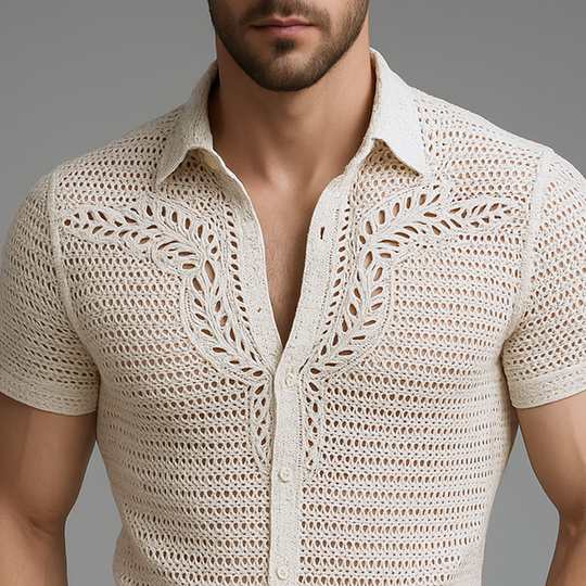 Men's Solid Hollow Knit Lapel Short Sleeve Shirt DTT25062316
