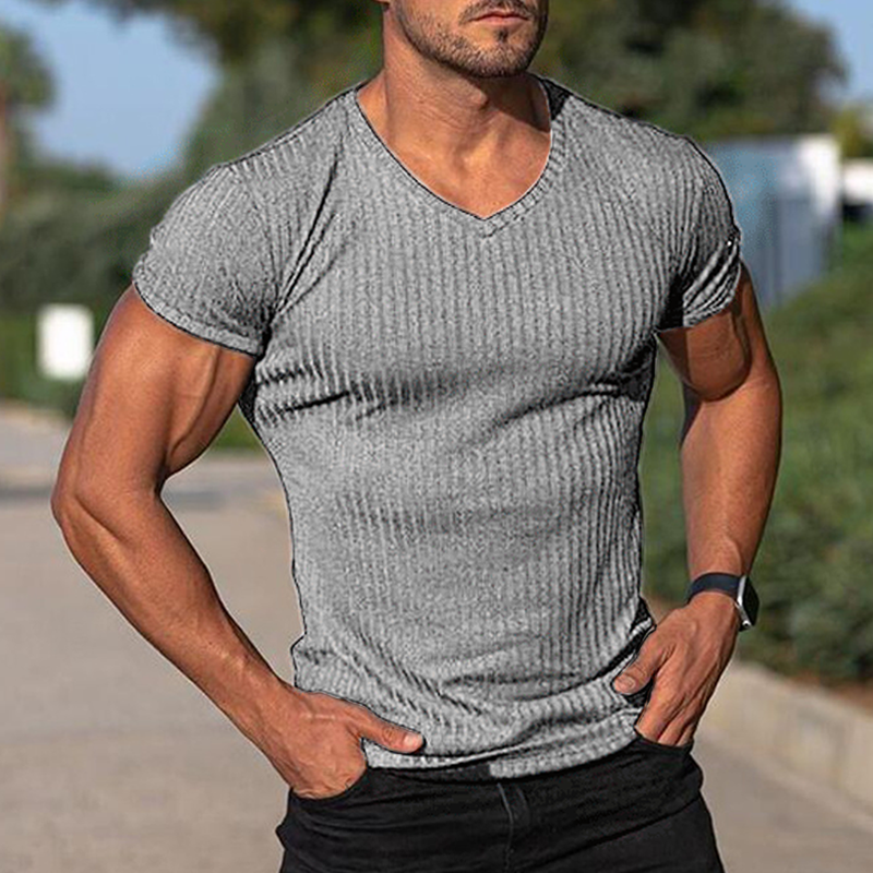 Men's V Neck Short Sleeve Striped T-shirt 9261119701176