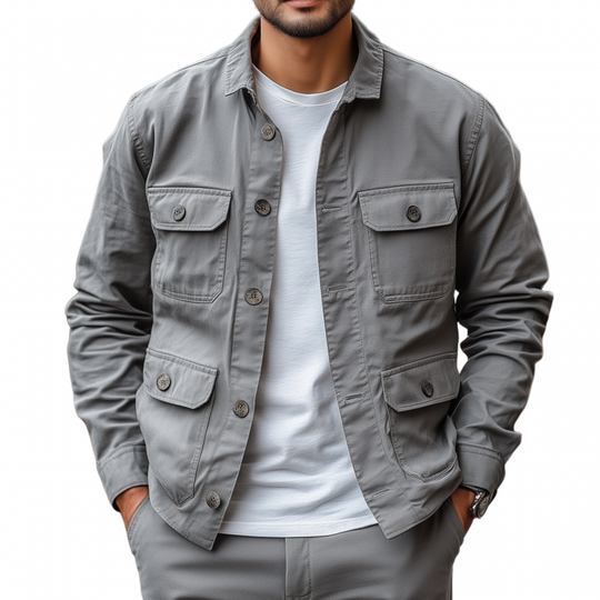 Men's Casual Outdoor Solid Color Breathable Cotton Washed Lapel Multi-Pocket Work Jacket DTT25073117