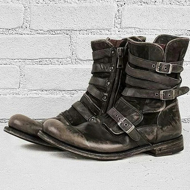 Men's Retro Belt Buckle Side Zipper Thick Heel Casual Short Boots 9891526082744