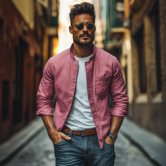 Men's Casual Breathable Cotton Stand Collar Single Breasted Patch Pocket Loose Long Sleeve Shirt DTT25070412