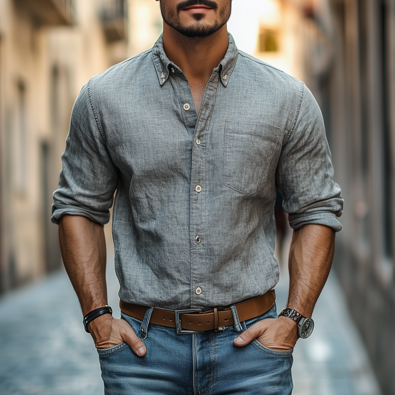 Men's Casual Breathable Cotton Linen Lapel Patch Pocket Slim Fit Long Sleeve Shirt DTT25070816