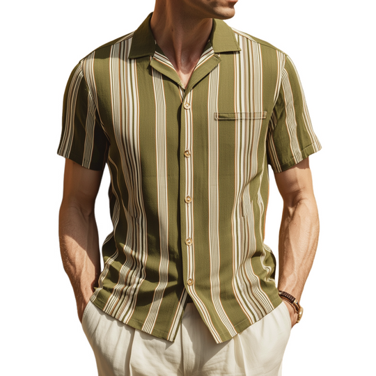 Men's Fashion Breathable Stripe Print Lapel Slim Fit Short Sleeve Shirt DTT25070918