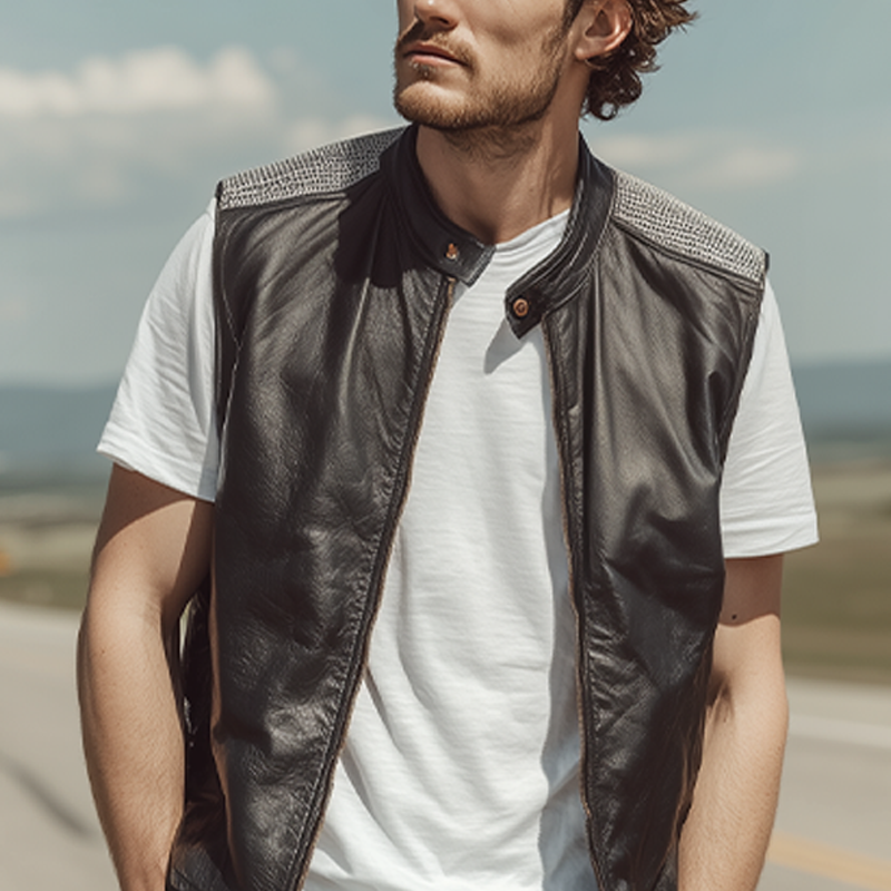 Men's Spring And Summer Fashion Casual Shoulder Splicing Mesh Fabric Stand Collar Zipper Leather Vest DTT25071115