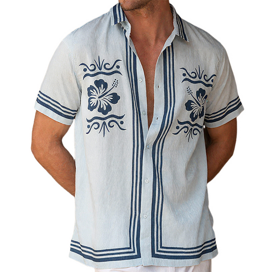 Men's Summer Casual Tencel Cotton Floral Print Lapel Short Sleeve Shirt DTT25070303