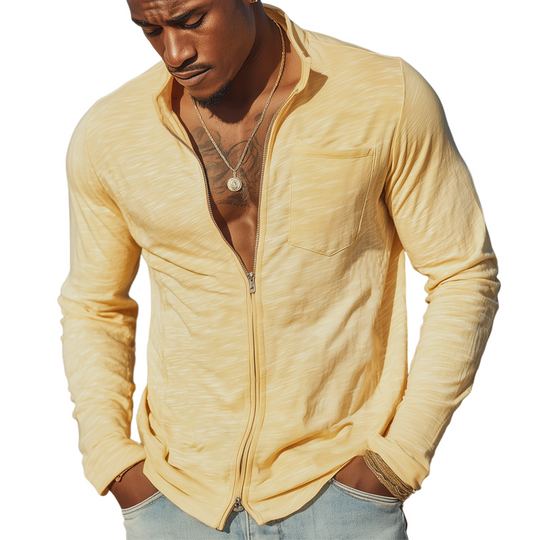 Men's Casual Slub Fabric Stand Collar Zipper Jacket DTT25071818