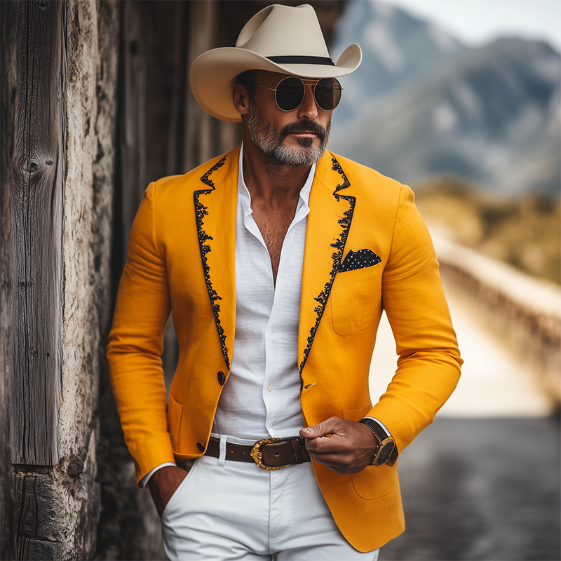 Men's  Spring and Summer Thin Fashion Casual American Retro Western Tough Style Cotton And Linen Embroidery Slim Fit Single-breasted Blazer  DTT25061714