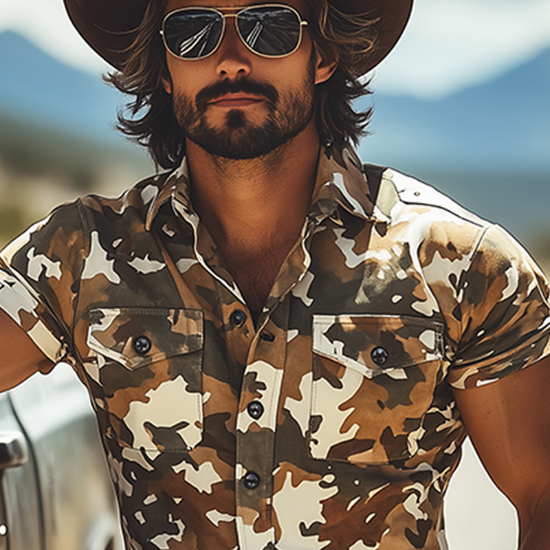 Men's Fashion Casual Western Tough Style Lapel Thin Suede Camouflage Print Slim Short-sleeved Shirt DTT25061305