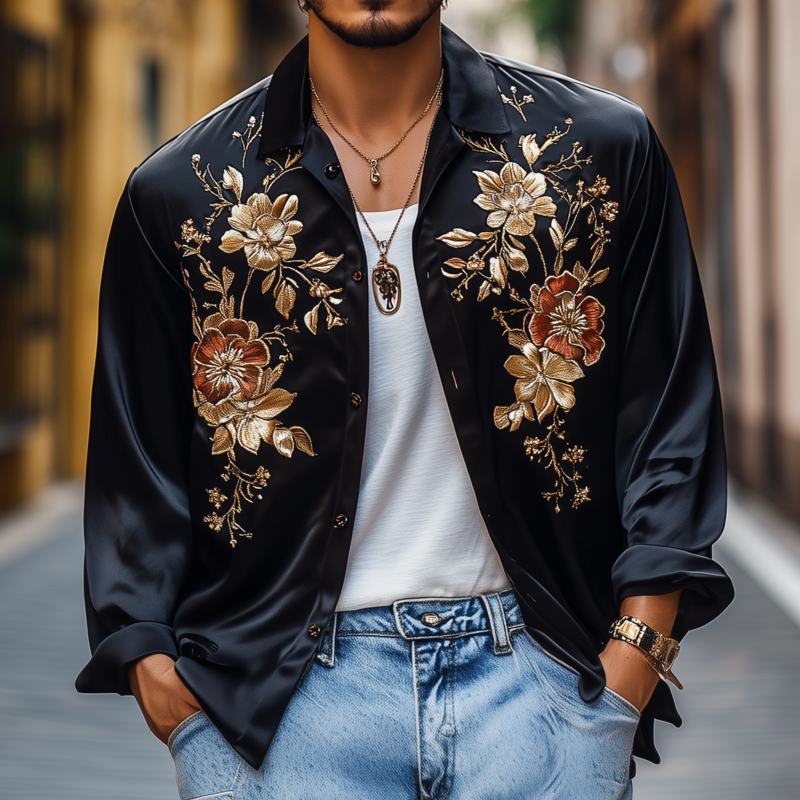 Men's Vintage Flower Embroidery Elegant Solid Satin Lapel Loose Long Sleeve Shirt DTT25072423