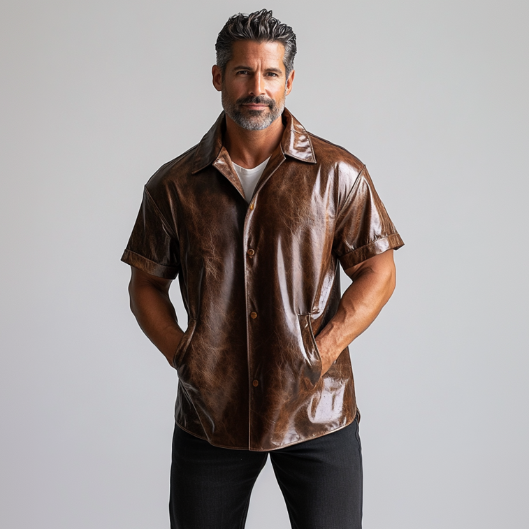 Men's Casual Button Pocket Distressed PU Leather Short Sleeve Shirt 9906596544696
