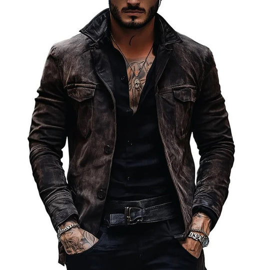 Men's Vintage Distressed Suede Lapel Chest Pocket Single Breasted Jacket 9885797286072