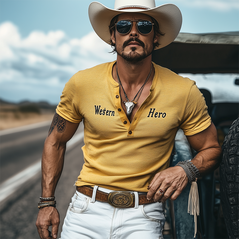 Men's Spring And Summer Fashion Casual Western Cowboy Style Slim Stretch Knitted Henley Collar Flocking Letter Print Short-sleeved T-shirt DTT25060605