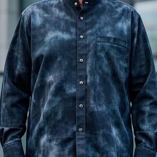 Men's Casual Vintage Stand-up Collar Tie-dye Printed Cotton Blend Long-sleeved Shirt 9912947703992