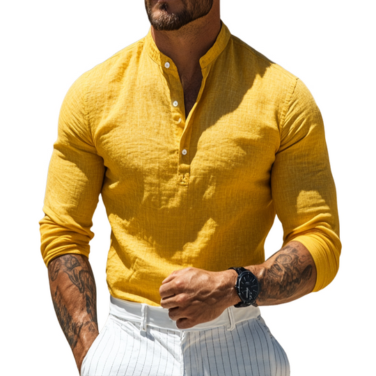 Men's Retro Casual Solid Color Linen Stand Collar Long Sleeve Shirt 9911546577080